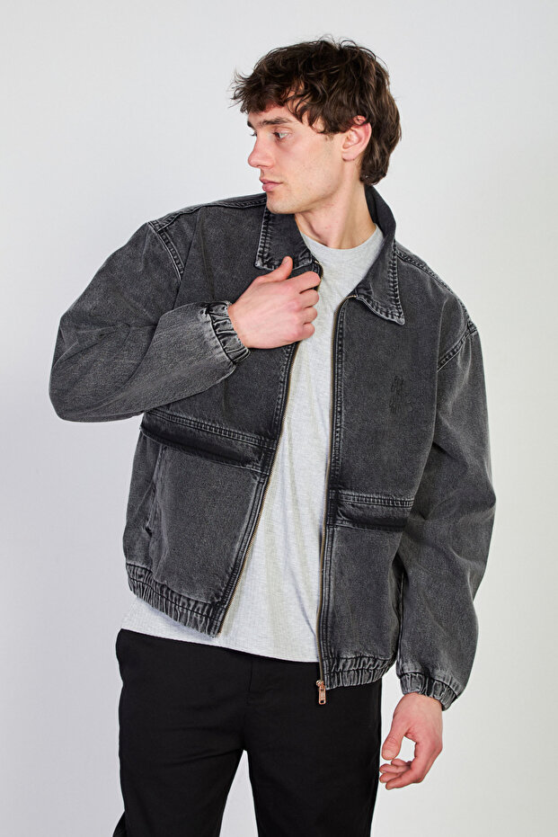 Men's Elastic Waist Zipper Polo Collar Jacket - Black Snow Y.