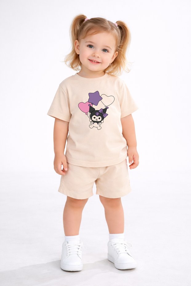 Girl's Shorts T-Shirt Set Beige Cotton Character Printed