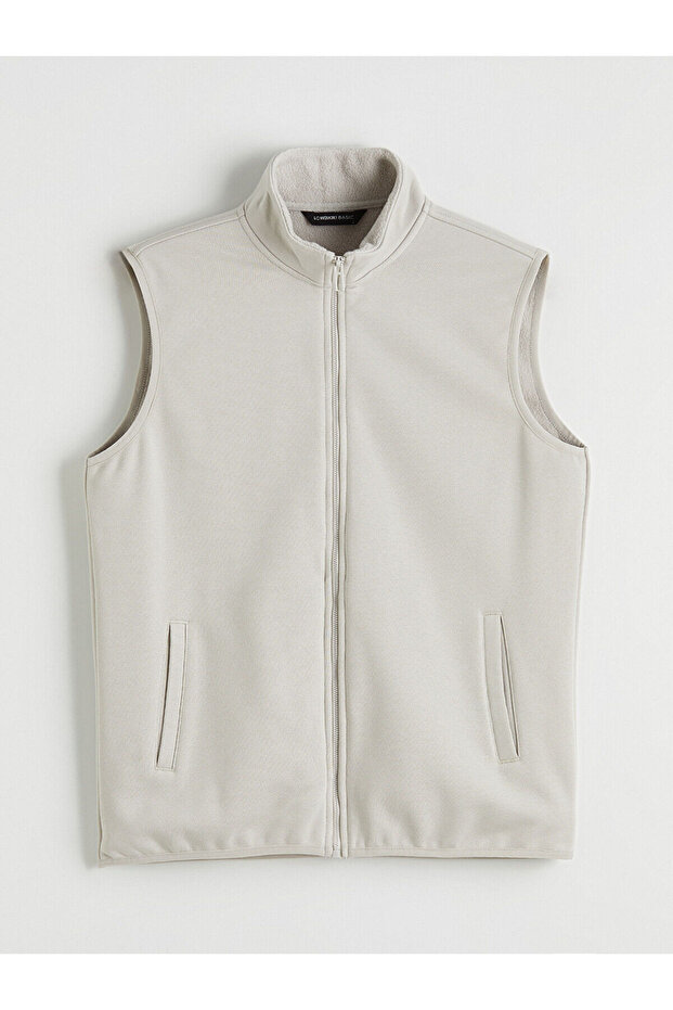 Beige Mock Neck Zippered Men's Fleece Vest