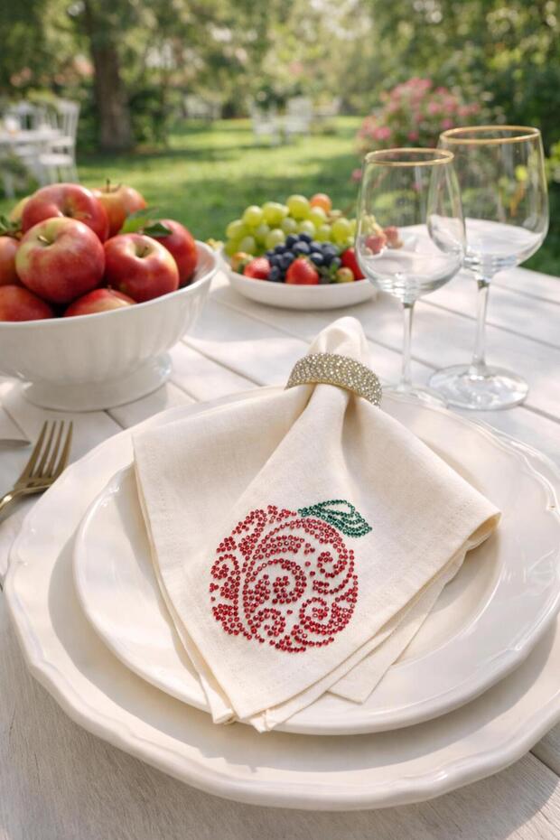 Apple Shine Stone Patterned Cream Linen Napkins, Pack of 6 – 34X34 cm