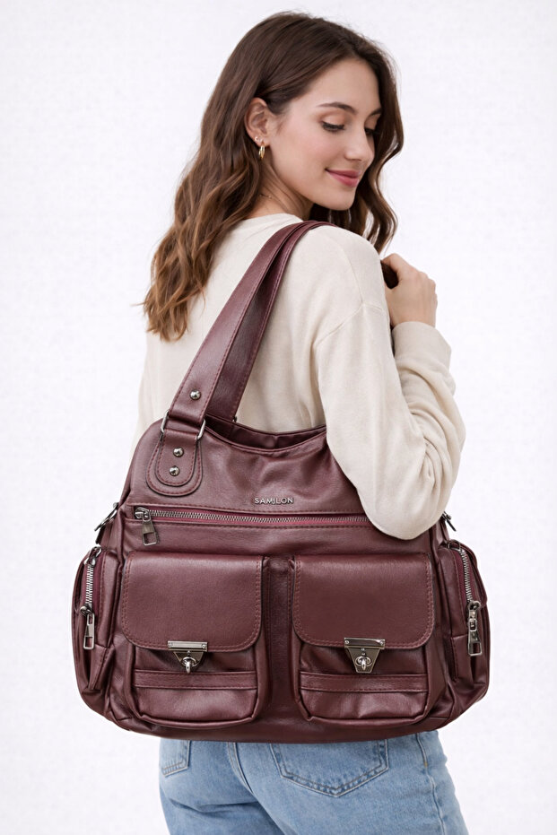 Women's Wash Bag with Leather Multi-Compartment Shoulder and Arm Pockets and Bag Zipper Details