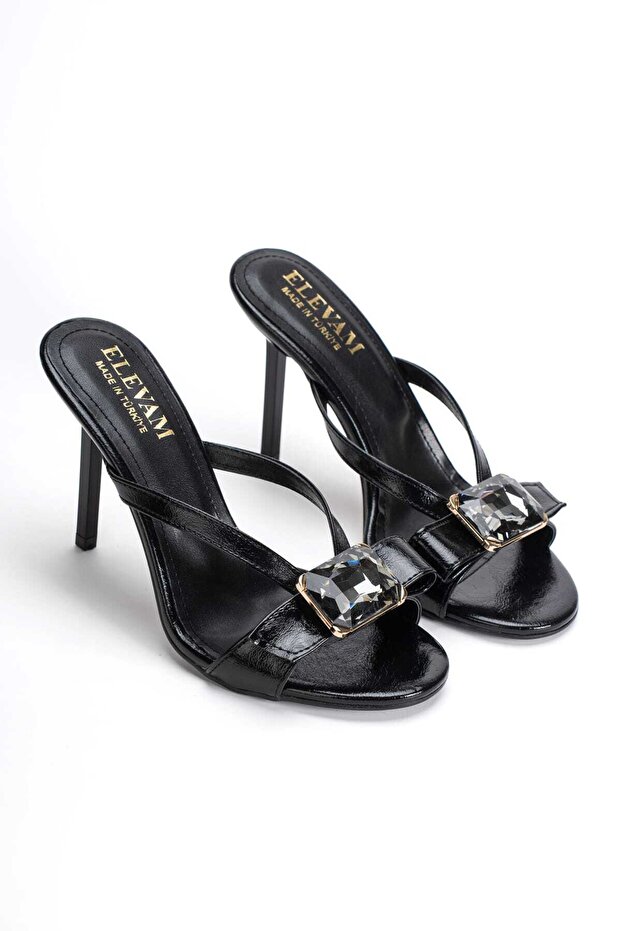 Women's Black Stone Detailed Thin Heeled Summer Slippers