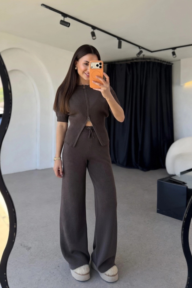 Women's Brown Half-Zip Crop Top Wide-Leg Pants Two-Piece Set
