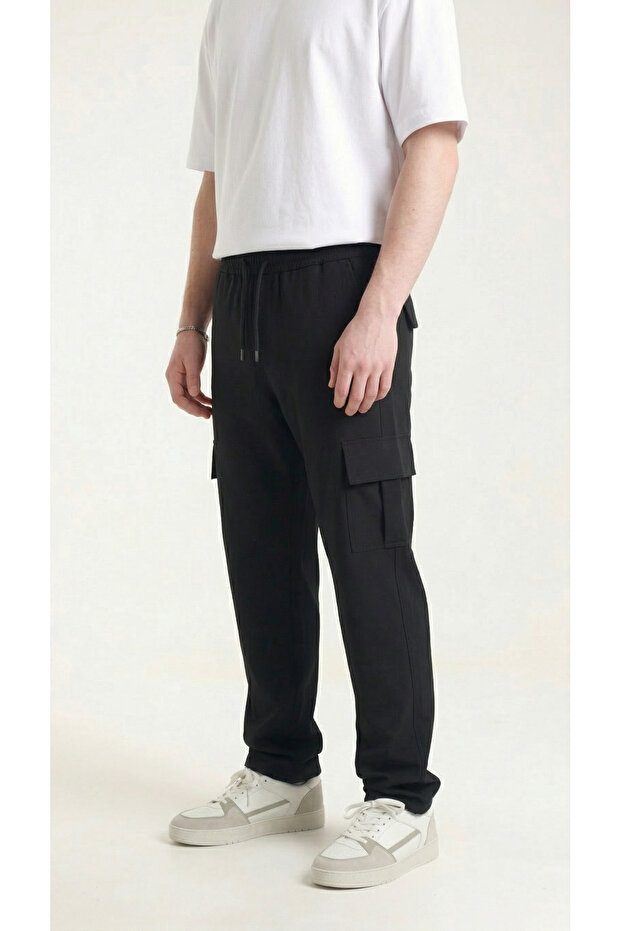 Men's Black Thin Parachute Fabric Sweatpants with Cargo Pockets and Clip-On Cuffs, Comfortable Fit