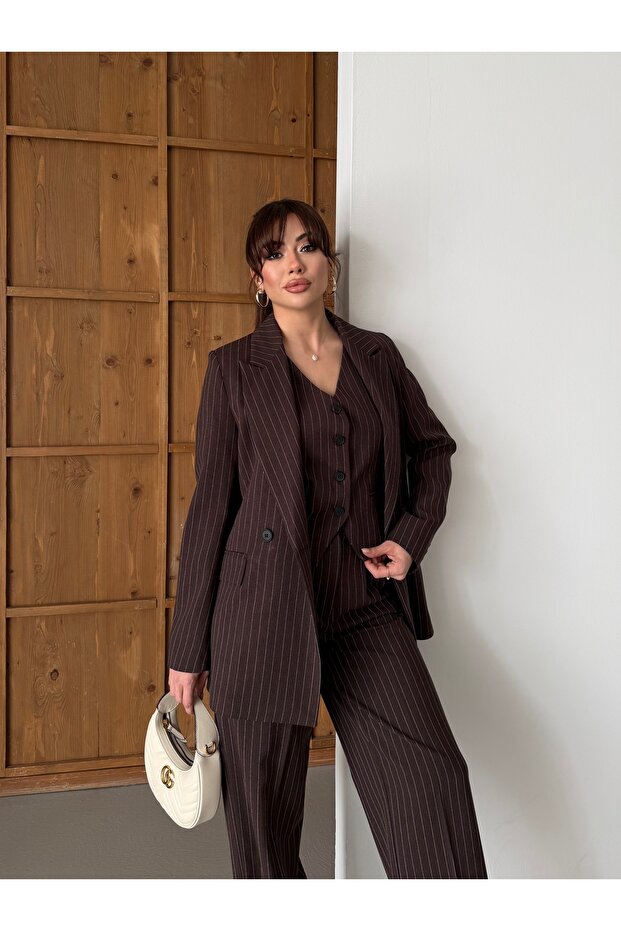 Women's Brown Striped Oversize Jacket Palazzo Pants Suit
