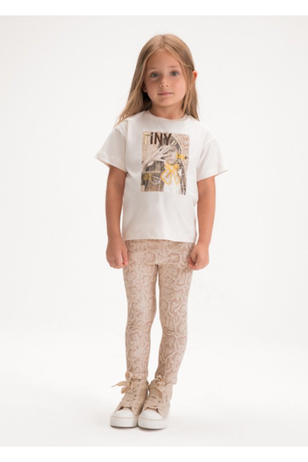 Girl's Patterned Leggings and T-Shirt Set Beige - 03727