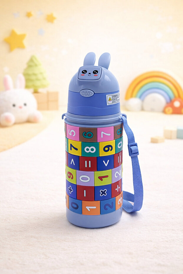 Cute Rabbit Design Children's Thermos Bottle with Straw and Strap Educational Toy Bottle Bpa Free