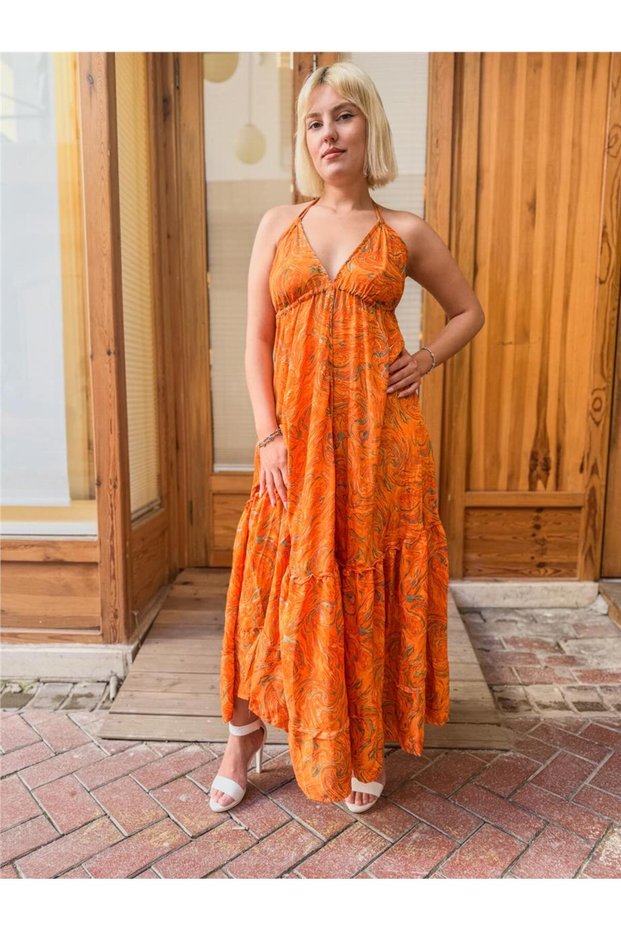 Orange Color Gold Detailed Halter Neck Open Back Silk Dress