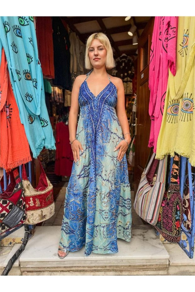 Blue Color Gold Detailed Halter Neck Open Back Silk Dress