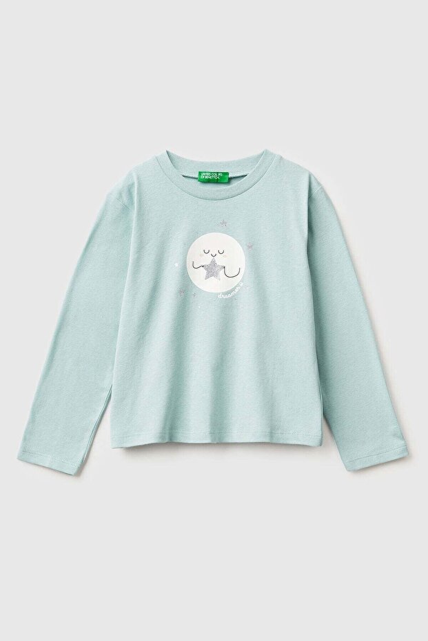 Silvery Printed Crew Neck Regular Fit Long Sleeve T-Shirt Model Code: 3Atng10L7Water Green