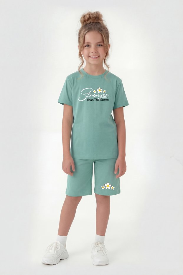 Round Neck T-Shirt and Colorful Capri Pants with Print Detail Summer Girls' Top and Bottom Set