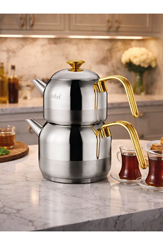إبريق شاي CLK-CY-5866 ميرا متوسط الحجم بمقبض ذهبي من الفولاذ