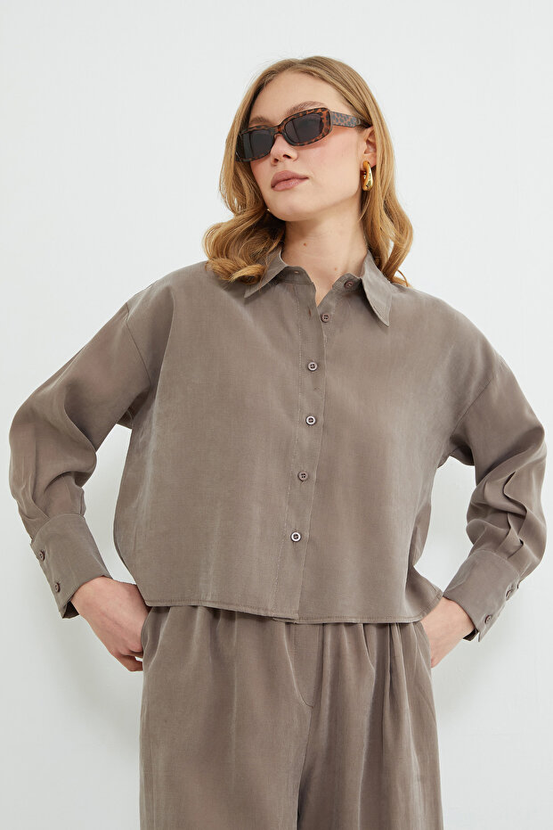 Basic Düğmeli Salaş Crop Gömlek - 2