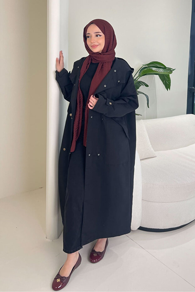 Woné Hooded Trench Coat with Large Pockets - Black