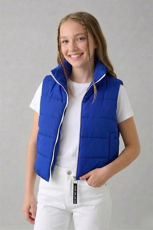 Girl's Cobalt Blue Puffy Vest with Stone Print on the Back and Stand Collar