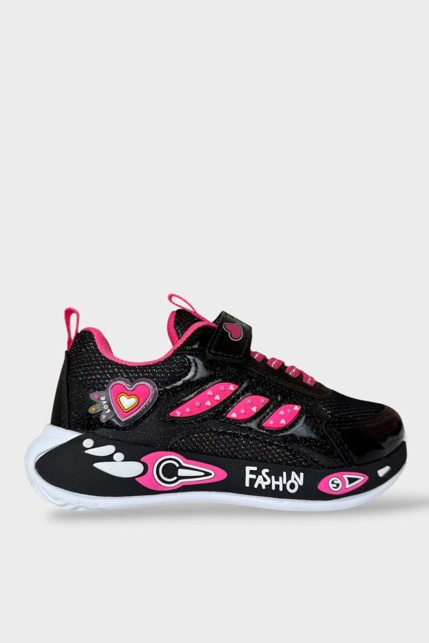 Heart Figured Velcro Glittery Shiny Light Sole Girls' Sports Shoes Black