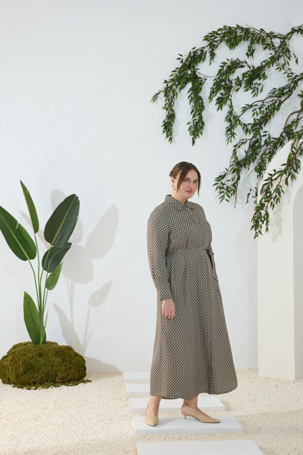 Brown Patterned Belted Dress - 1