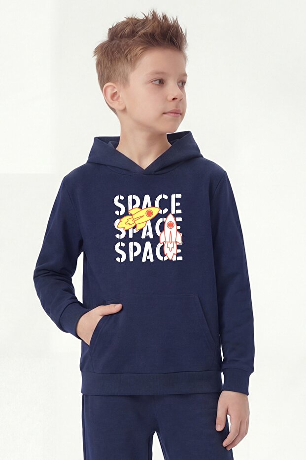 Hooded Print Detailed Boys' Sweatshirt with Kangaroo Pocket