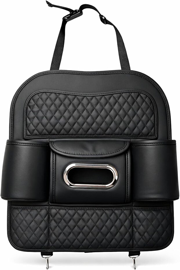 Car Back Seat Organizer with Tissue Box Holder & Cup Holders – PU Leather Auto Seat Back Storage