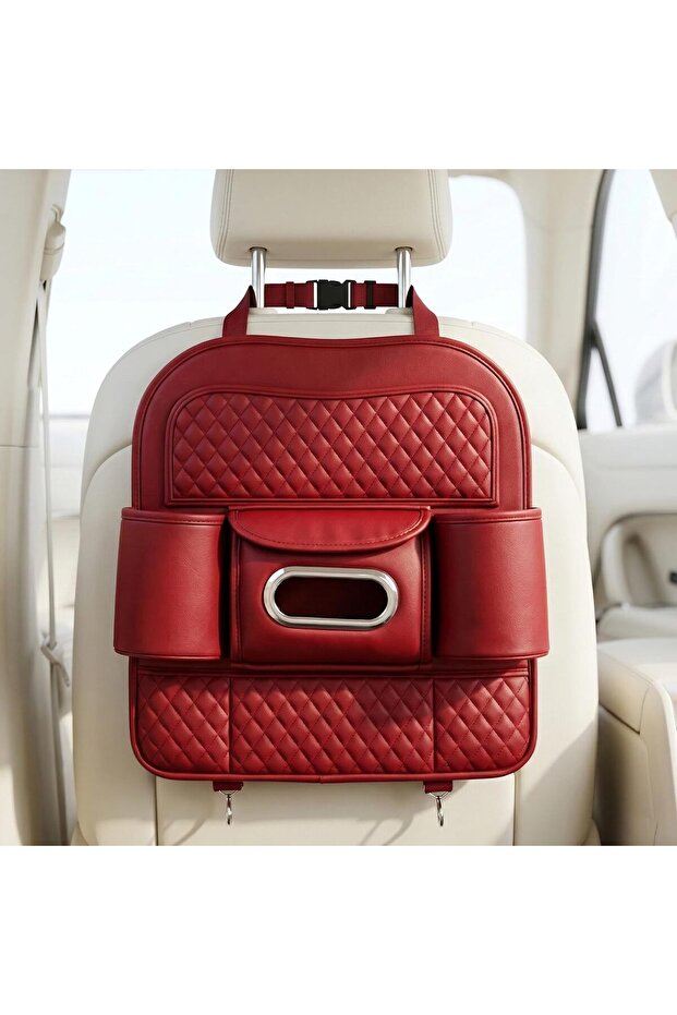 Car Back Seat Organizer with Tissue Box Holder & Cup Holders – PU Leather Auto Seat Back Storage
