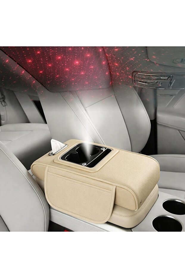 Car Armrest with Cup Holder, USB Charging & Laser Star Light – Multi-Function Center Console Organ