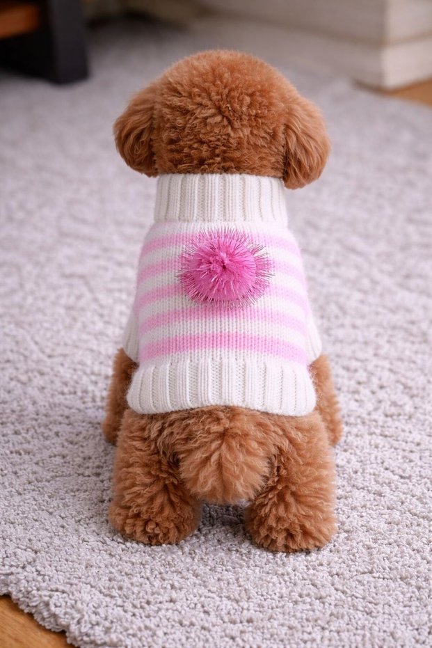 Pink and White Striped Hand Knitted Turtleneck Dog Sweater with Pompom Detail
