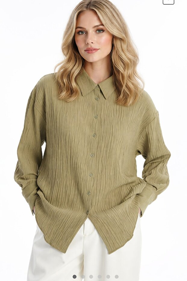 Women's Light Green Seersucker Textured Shirt Oversize Relaxed Fit Long Sleeve Stylish & Casual