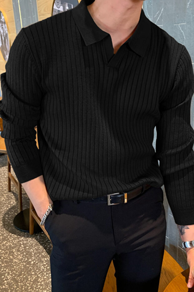 Men's Polo Neck Knit Sweater Slim Fit Ribbed