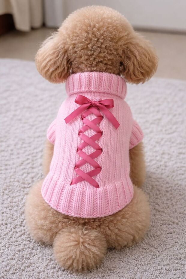 Coquette Style Pink Hand Knitted Dog Sweater with Cross Ribbon Detail on the Back