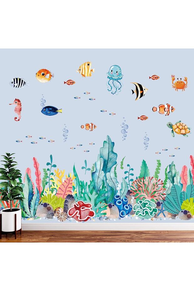 2 Sheets Large Under The Sea Seaweed Wall Decals Sea Turtles Jellyfish Fish Removable Wall Sti