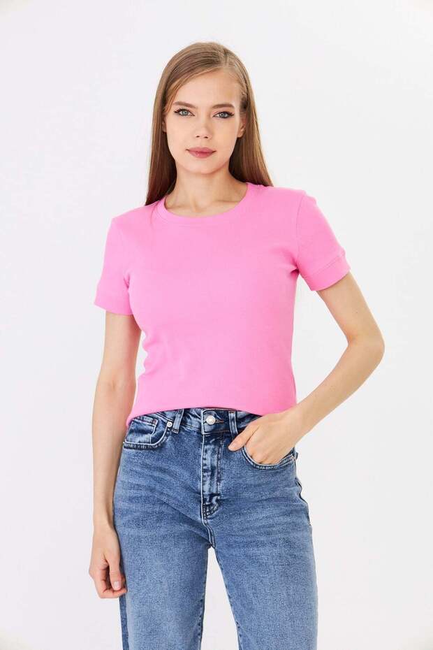 Women's Pink Short Sleeve Ribbed Basic Crew Neck T-Shirt - H6037