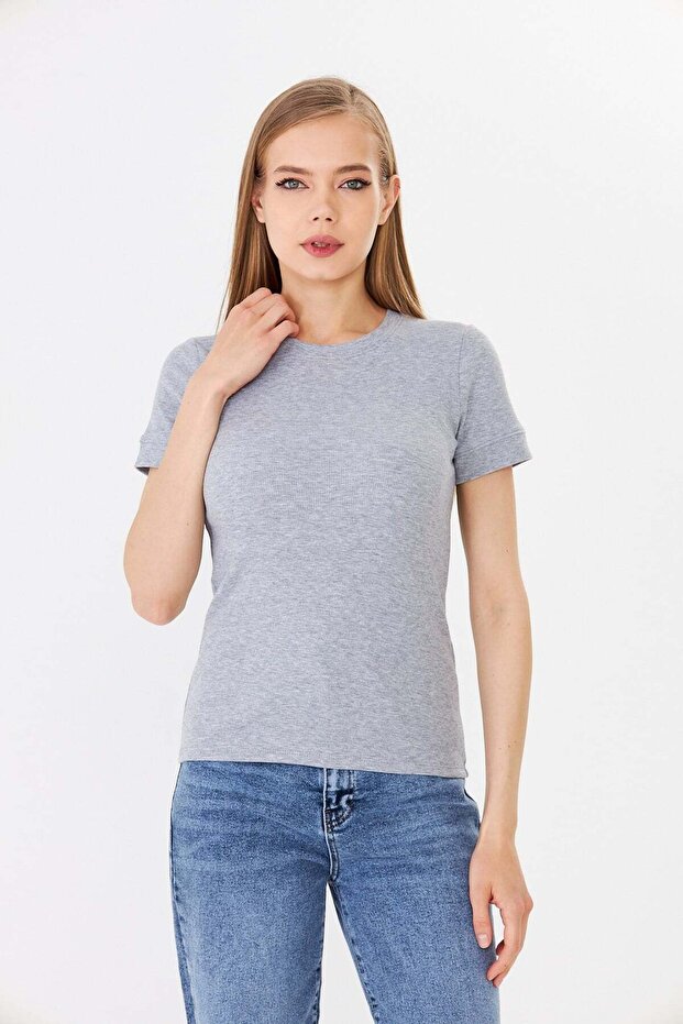 Women's Gray Short Sleeve Ribbed Basic Crew Neck T-Shirt - H6037