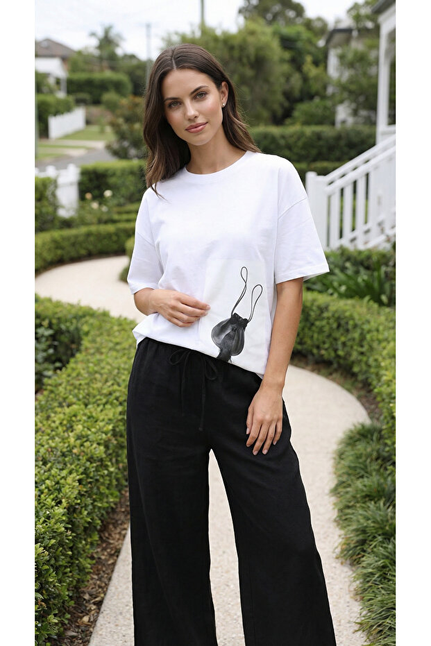 White Oversize Crew Neck Women's T-Shirt with Chinese Button Detail and Printed Design
