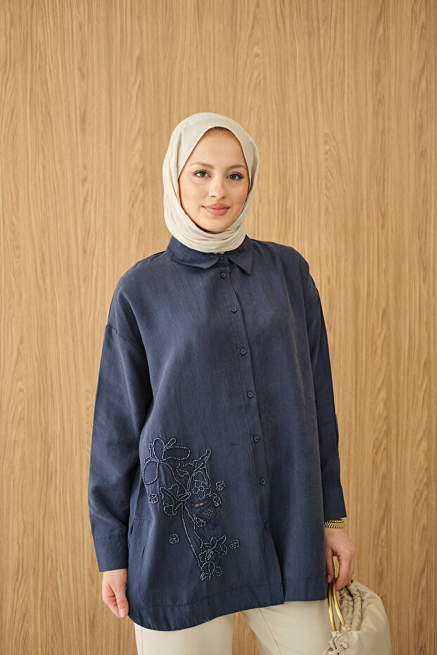 Women's Bead Embroidery Detailed Shirt Navy Blue