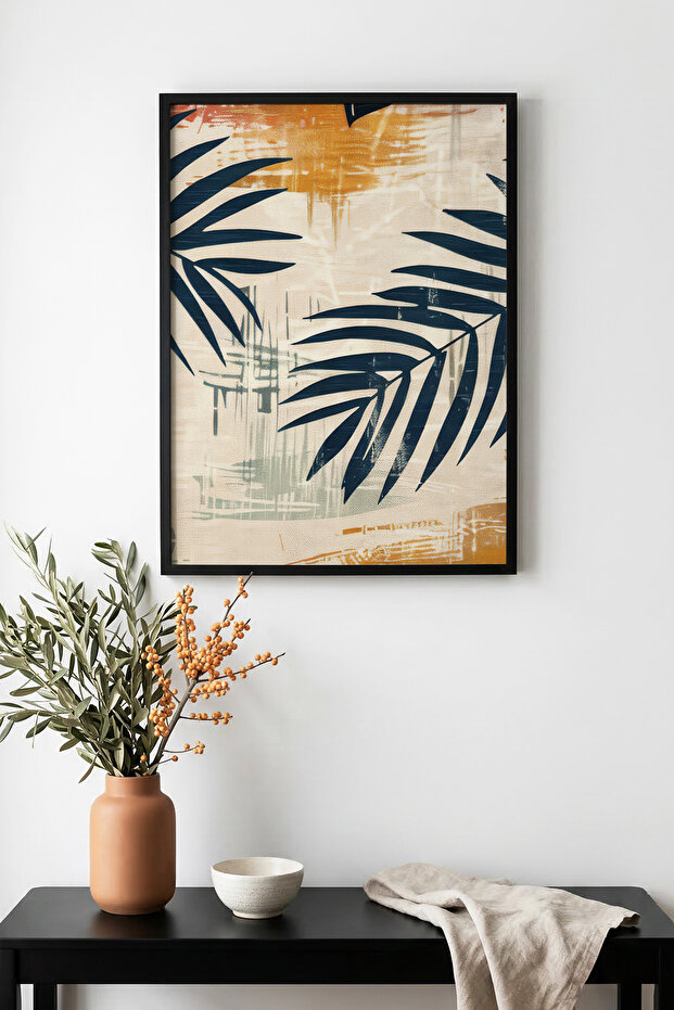 Natural Wood Framed Leaf Pattern Painting - Vibrant Tones | Huhu1286