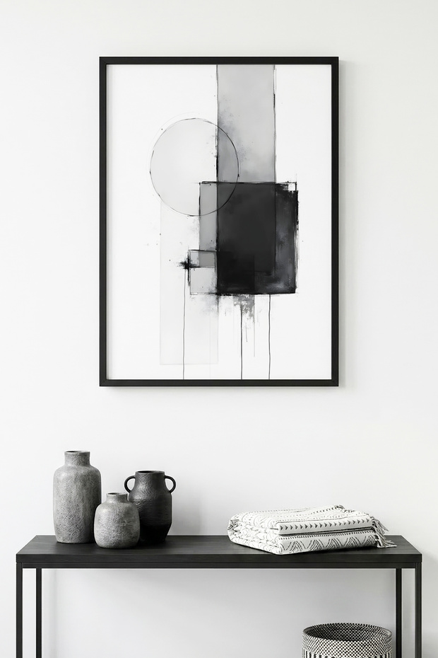 Natural Wood Framed Abstract Geometric Pattern Painting - Black-White | Huhu1210