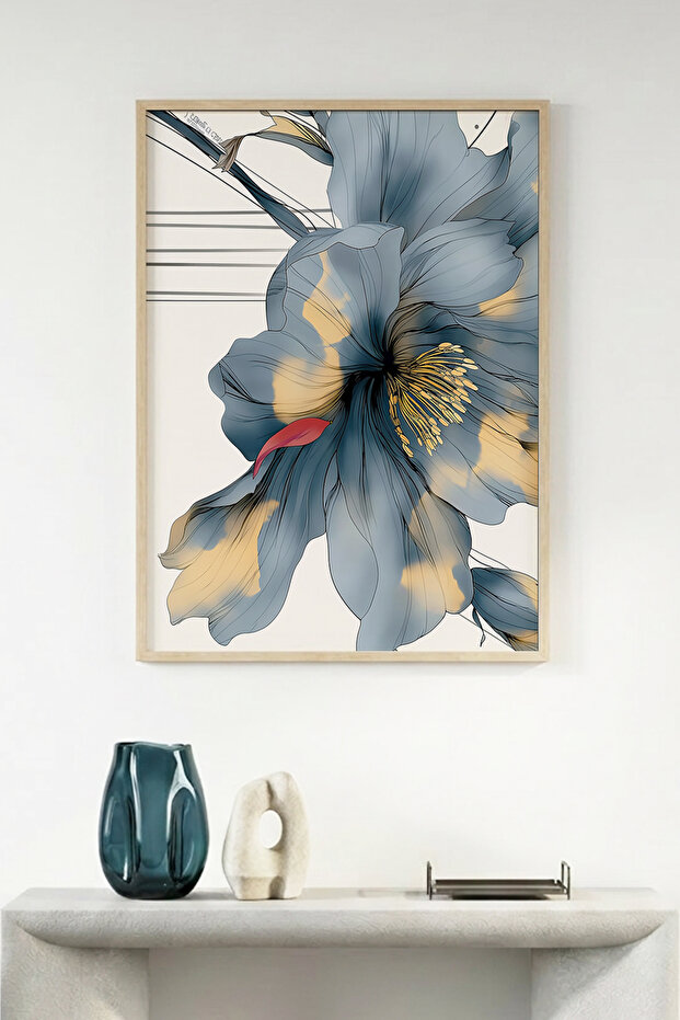 Natural Wood Framed Floral Patterned Painting - Minimal | Huhu1294