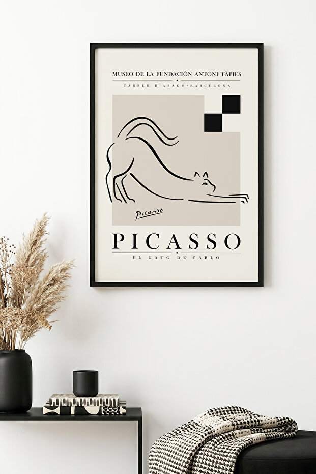 Minimalist Cat Pattern Painting with Natural Wooden Frame - Black-White | Huhu1115
