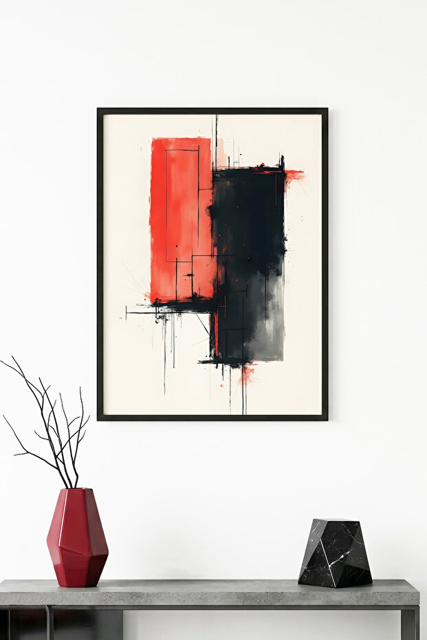 Natural Wood Framed Abstract Geometric Pattern Painting - Red-Black | Huhu1191