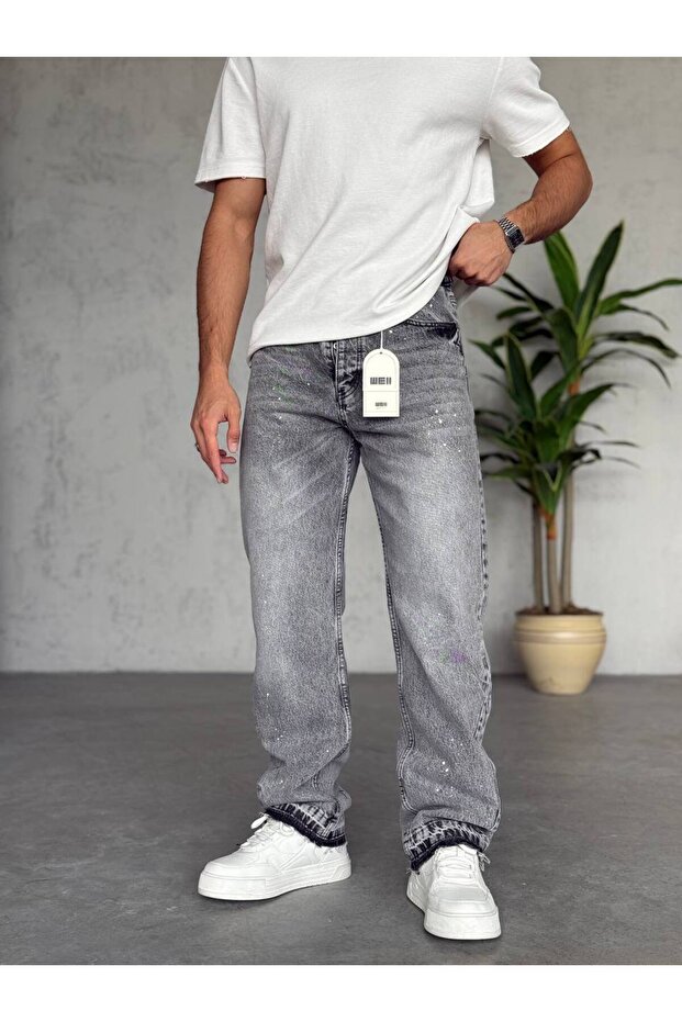 Men's Baggy Effect Denim Trousers with Leg and Side Details