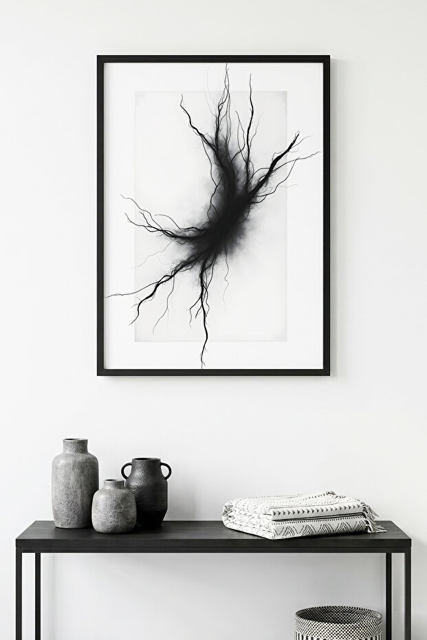 Black Wooden Framed Abstract Minimalist Painting - Black and White | Huhu1195 - Single Table Black Frame