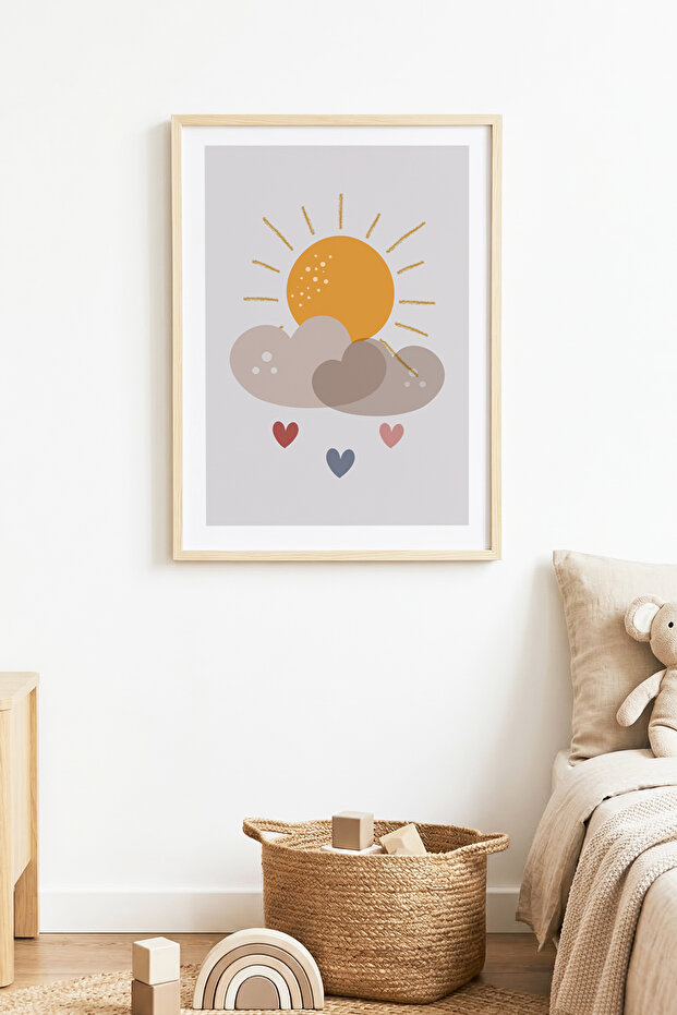 Natural Wooden Framed Sunny Cloud Patterned Painting - Pastel | Huhu1576