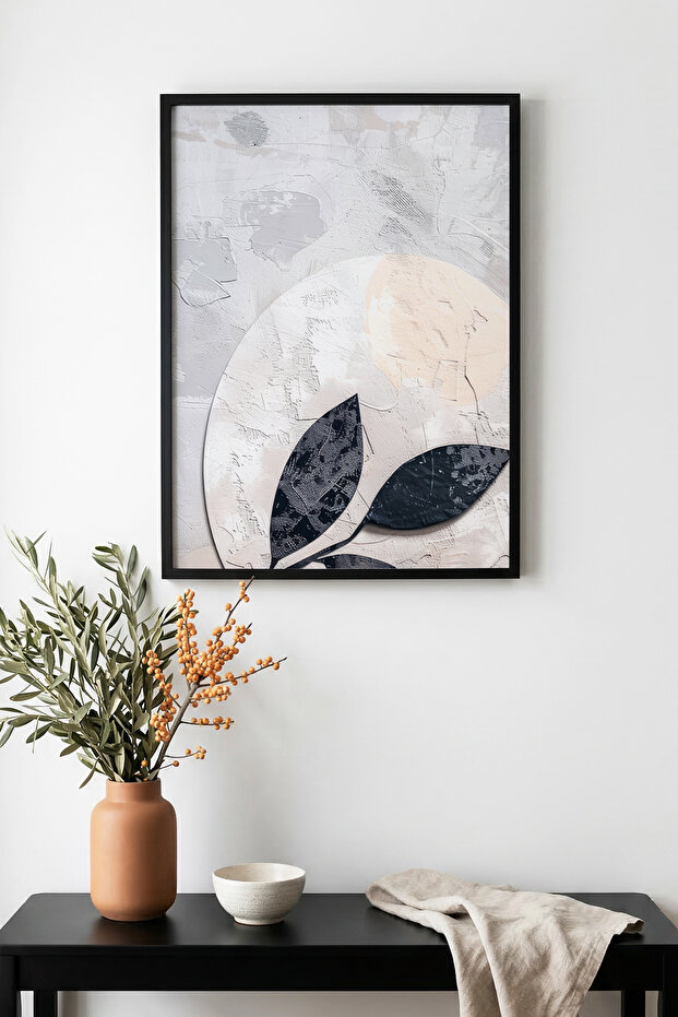 Natural Wood Framed Minimal Leaf Pattern Painting - Pastel Tones | Huhu1281