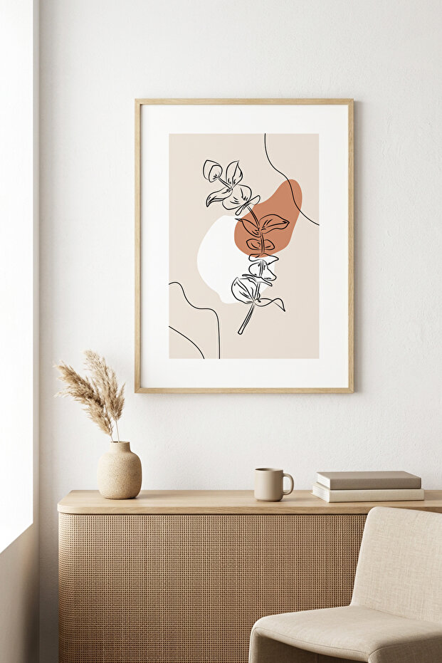 Natural Wood Framed Minimal Floral Pattern Painting - Pastel Tones | Huhu1269 - Single Table Natural Wood Frame