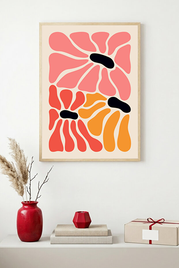 Natural Wood Framed Abstract Floral Pattern Painting - Vibrant Tones | Huhu1607 - Single Table Natural Wood Frame