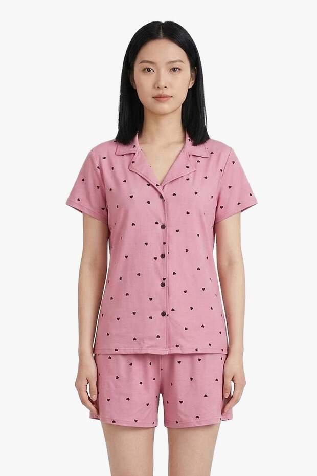 Pink Heart Patterned Soft Textured Shirt Collar Women's Shorts Pajama Set