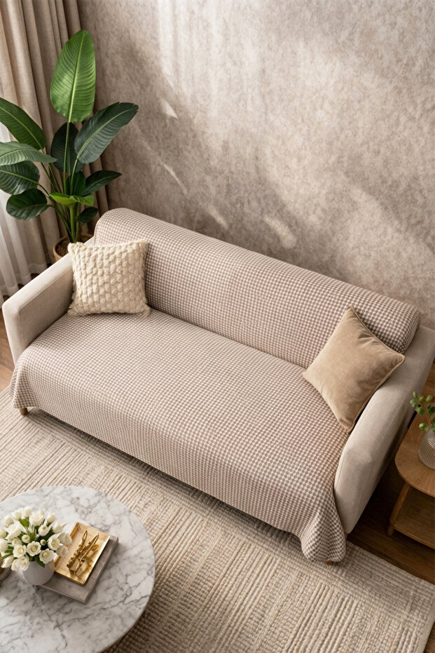 1 Pcs Sofa Bed Cover Digital Printing Houndstooth Pattern Velvety Non-Slip Base Sponge 170*200