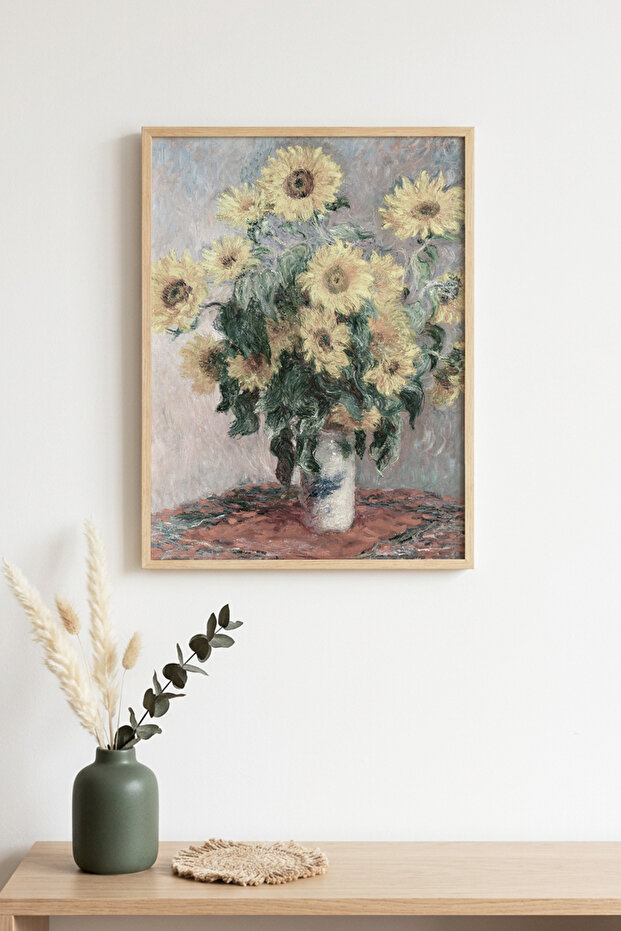 Natural Wooden Framed Flower Patterned Painting - Yellow Günebakanlar | Huhu1174 - Single Table Natural Wood Frame