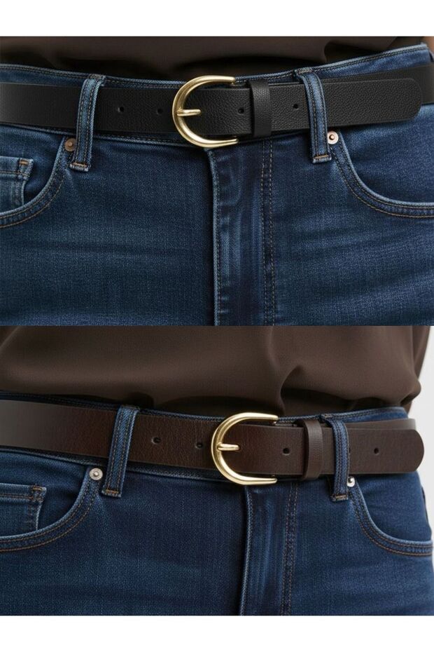 Women's Classic Gold Buckle Set of 2 Jean Belts Black-Brown