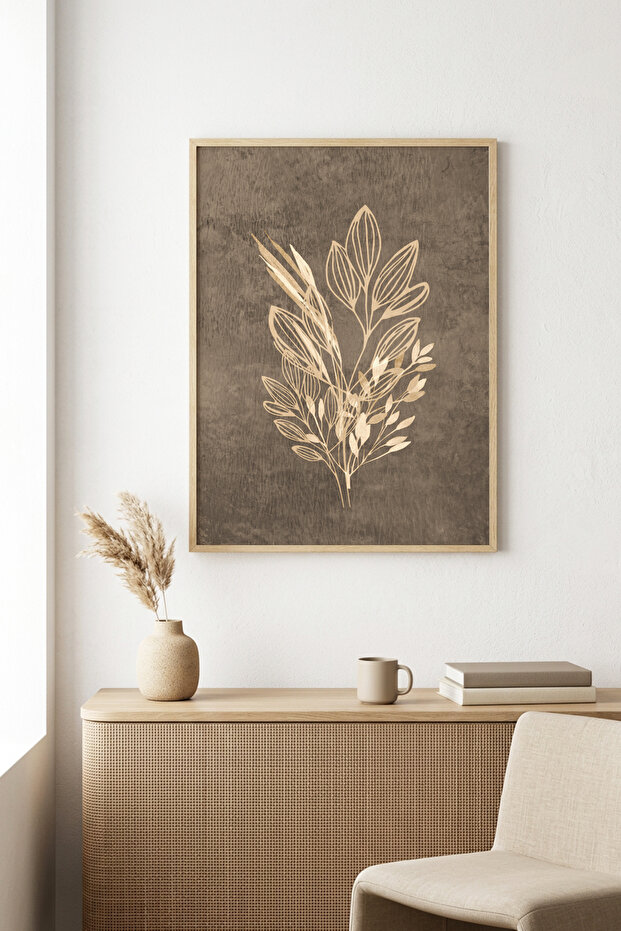 Natural Wood Framed Minimal Leaf Pattern Painting - Pastel Tones | Huhu1087